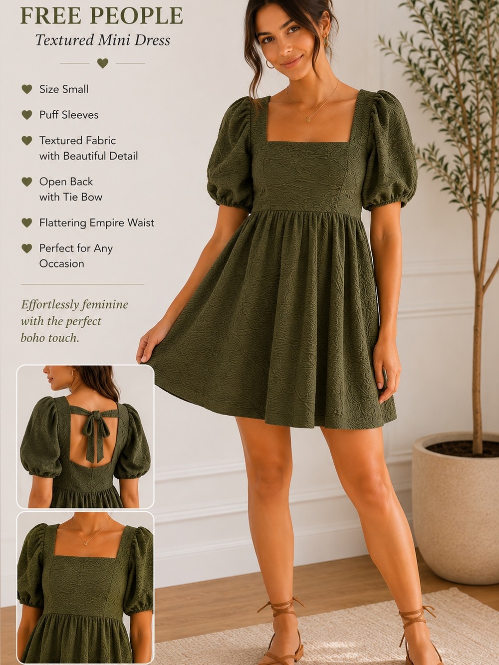 Free People Olive Textured Puff-Sleeve Mini Dress with Back Tie